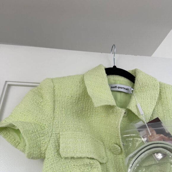 NWT Self-Portrait Lime Boucle Chiffon Midi Dress Green Sz 0 Tailored Fit Pleated - Picture 8 of 12